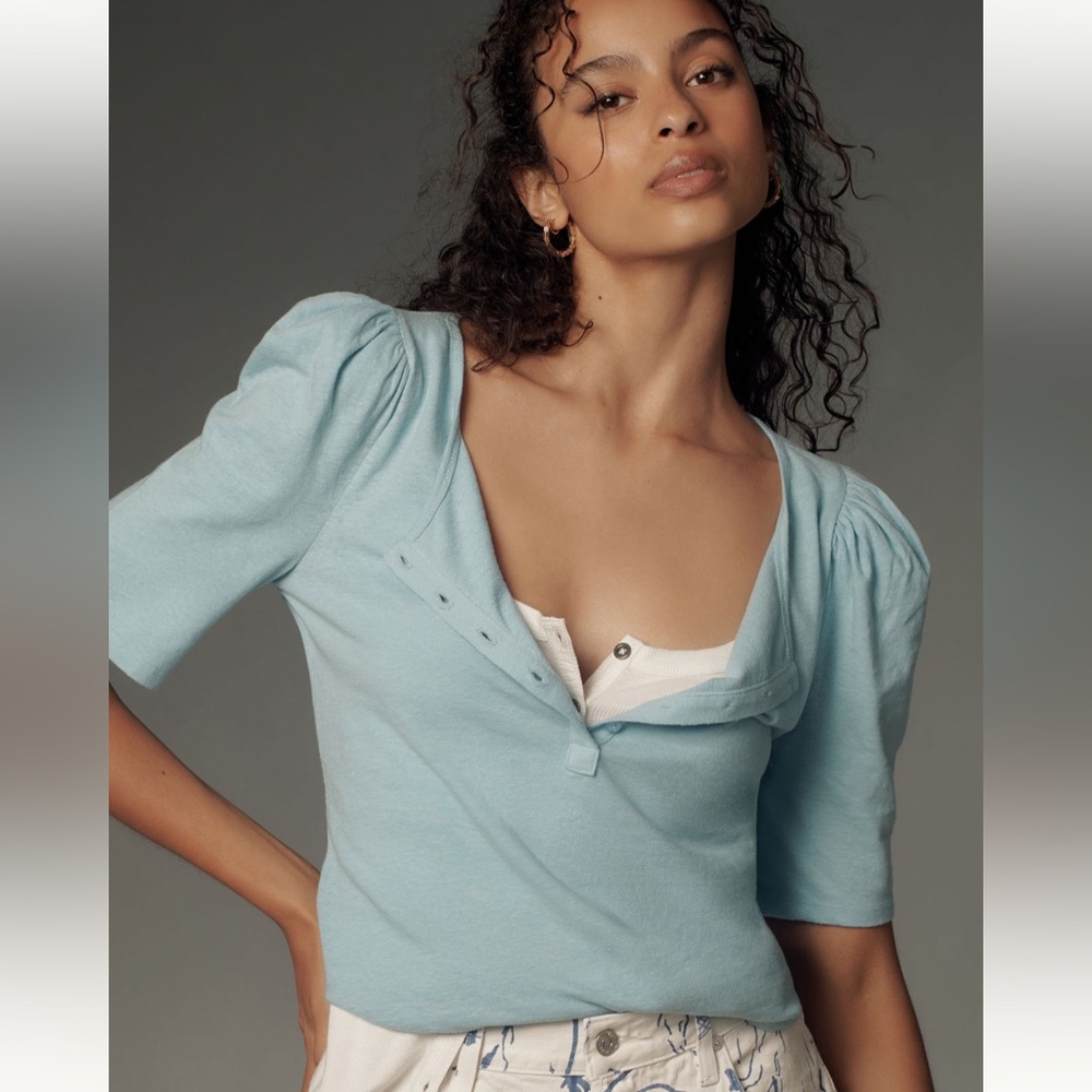 NWT Anthropologie Puff Sleeve Henley Top in Iris Blue Size XXS